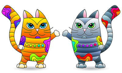 Set of illustrations in the style of stained glass with cute cats, animals isolated on a white background