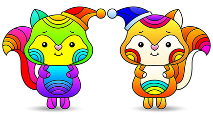 Set of stained glass illustrations on the theme of Christmas and New Year with cute toy foxes