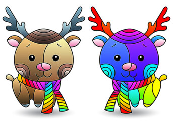 Set of stained glass illustrations on the theme of Christmas and New Year with cute toy deers