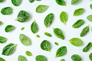 Fresh green leaf varieties spread across white surface nature photography minimalist style overhead view healthy eating concept
