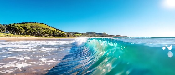 Obraz premium Ocean wave crashes near shore with grassy hill against a clear sky