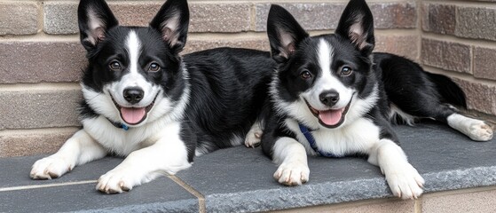 Obraz premium Two black and white dogs are lying down, happy and relaxed with their tongues out