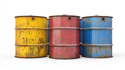 Collection of metal oil barrels in shades of red, blue, and yellow, viewed from the side on white background.
