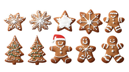 Fototapeta premium Set of gingerbread cookies with a tree and a Santa hat on one of them on transparent or white background,png