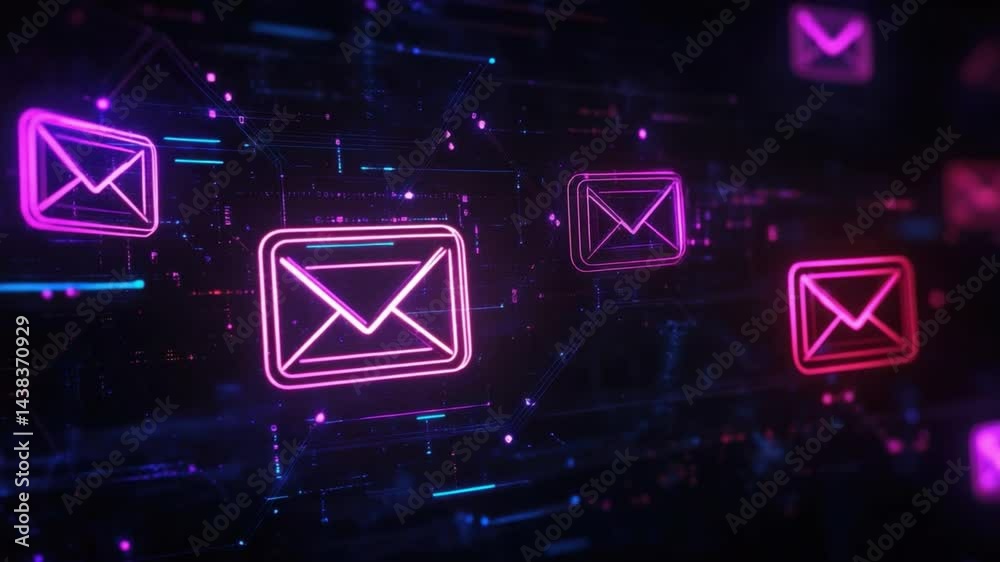 Sticker digital communication concept with colorful email icons in futuristic technology background