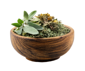 Herbal mix in wooden bowl for culinary and wellness purposes on a transparent background, cut out
