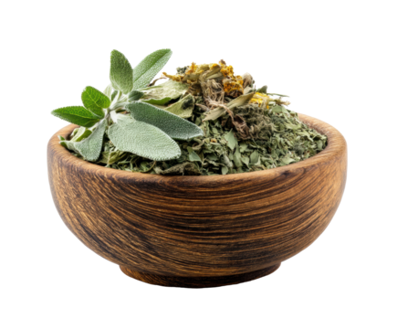 Herbal mix in wooden bowl for culinary and wellness purposes on a transparent background, cut out