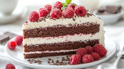 A close-up of a delicious slice of chocolate cake with layers of rich frosting, topped with fresh raspberries and chocolate shavings