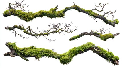 Obraz premium Collection of old gnarled tree branches covered in vibrant green moss on white background.