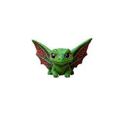Obraz premium Cute Green Dragon Figurine with Red Wings on Black Background