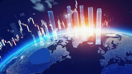 global business concept Stock market concept. Stock market tickers with a world map and stock indexes, graphs, charts. Digital animation of Stock market prices changing technology - Powered by Adobe