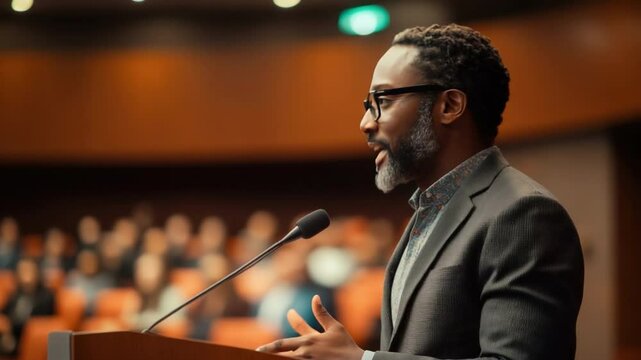 A distinguished speaker, dressed in a dark suit and spectacles, commands attention with a passionate address at a large conference. delivering eloquent words with authority.