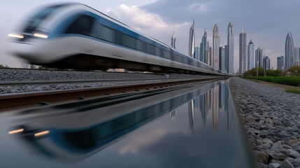 Modern train reflected in puddle, urban cityscape background