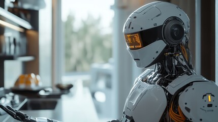 Fototapeta premium A digital concept of a robotic assistant helping with household chores, smart cleaning devices and automated systems