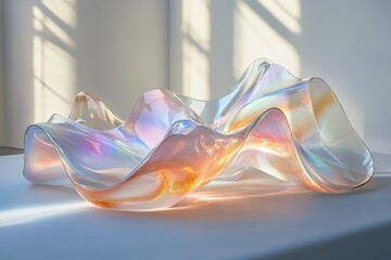 Sculptural iridescent glass art piece, fluid form, organic design, light reflecting, translucent.