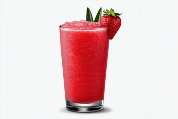 Frozen red smoothie with strawberry and mint leaf served in clear glass placed on plain white background emphasizing icy texture healthy refreshment and fruit purity