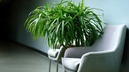 Modern waiting area with lush plant and comfortable chairs