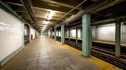 Obraz premium Empty subway platform in an urban area showcasing a vast and clean waiting area : Generative AI