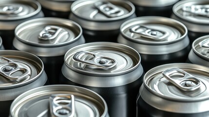 Collection of silver and black 330 ml aluminum cans with pull-tabs open, on a white background.
