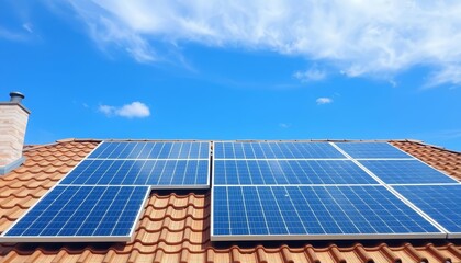 Clean solar panels neatly arranged on a residential roof against a vibrant blue sky, solar panels, house