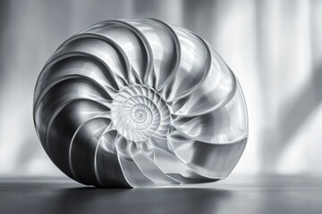 Obraz premium A metallic nautilus shell, showcasing its intricate spiral structure and reflective surface.