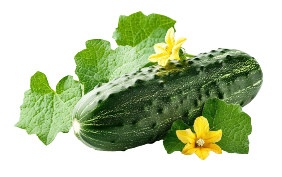 Cucumber is sitting on a leafy green plant on transparent or white background,png