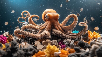Obraz premium Octopus on reef Polluted ocean, plastic debris, and underwater environment