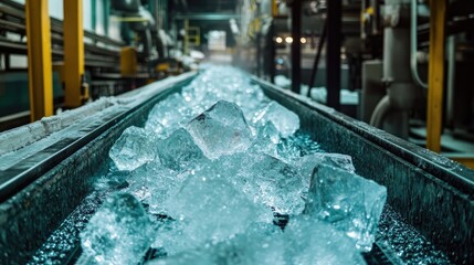 Ice Crystals Moving on a Conveyor Belt in a Factory