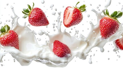 Collection of strawberries falling into yogurt, causing a creamy splash and milk droplets on white background.
