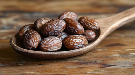 Obraz premium Closeup of Dried Dates in Wooden Spoon on Rustic Wooden Surface