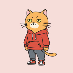 Cool cartoon orange cat character in red hoodie and sneakers. Urban style illustration perfect for fashion, lifestyle, and streetwear themes.