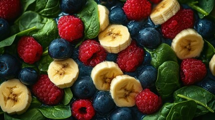 Obraz premium A close-up of a fresh smoothie with bright berries, banana slices, and spinach, blended perfectly for a healthy start