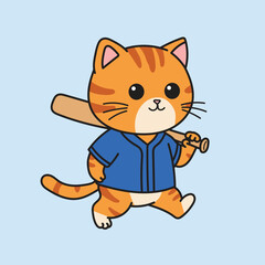 Cute cartoon orange cat walking with baseball bat on shoulder, wearing blue jersey. Fun sporty character illustration.