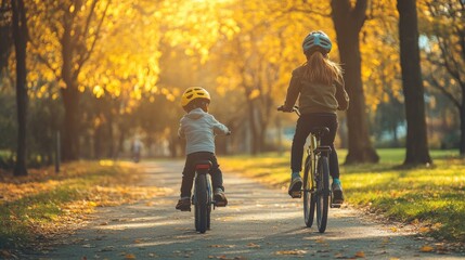 Obraz premium Two children biking through a golden autumn park.