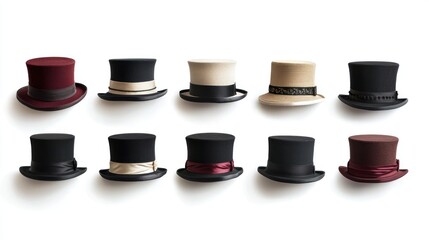 Collection of top hats with narrow brims and delicate ribbon accents on white background.