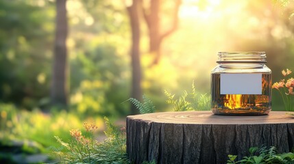 Fototapeta premium Glass jar on a tree stump in a vibrant forest scene.