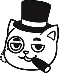 Funny cartoon capitalist cat caricature. Rich fat cat boss with cigar, monocle and top hat. Cute vector illustration, black and white logo.