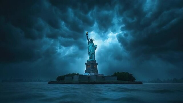 Statue of Liberty Storm: The iconic Statue of Liberty stands resolute against a dramatic backdrop of a stormy sky, dark clouds swirling around her, creating a powerful and evocative image.