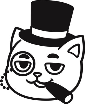Funny cartoon capitalist cat caricature. Rich fat cat boss with cigar, monocle and top hat. Cute vector illustration, black and white logo.