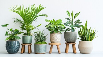 Obraz premium Collection of tropical plants in ceramic pots on wooden stools on white background.
