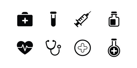 Healthcare icon set. Containing treatment, medical, health, diagnosis, injury and more. Solid vector icons collection