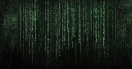 Digital rain of green binary code on dark background