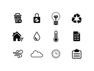 Solid vector icon set with recycling, sustainability, solar, resources, ecology symbols. Web design icons
