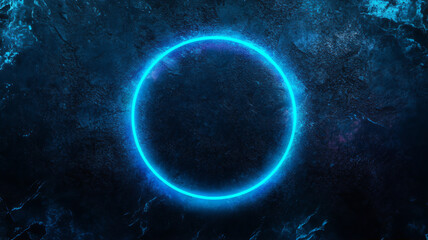 Fototapeta premium Vibrant neon blue circle against a dark background wallpaper design element