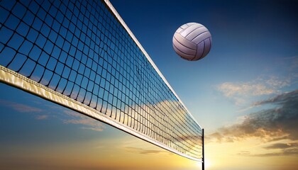 a volleyball is in the air and is about to hit the net the net is made of a mesh material