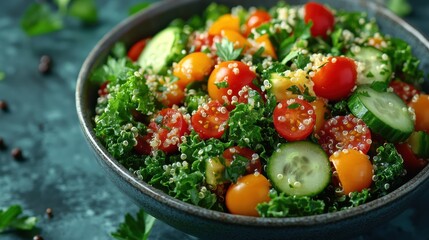 A close-up of a colorful salad with kale, quinoa, cherry tomatoes, cucumbers, and a vinaigrette dressing, healthy and vibrant