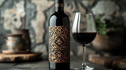 A close-up of a high-end wine bottle with intricate label design, a glass of deep red wine beside it, elegant and sophisticated