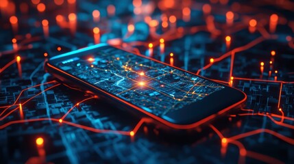 A digital concept of a 3D map overlay showing navigation routes, points of interest, and real-time data on a mobile device