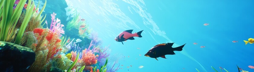 Naklejka premium Two black fish swimming in a vibrant coral reef. The fish are surrounded by colourful corals and seaweed, with sunbeams filtering through the water above