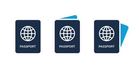 Passport icon set. International passport icon. Document icon. Flight ticket and passport icon set.